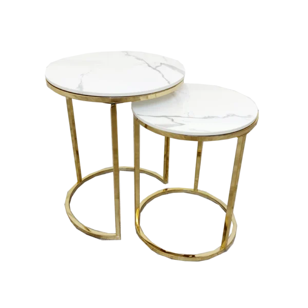Cato Nest of 2 Tall Gold End Tables with Polar White Sintered Stone Tops